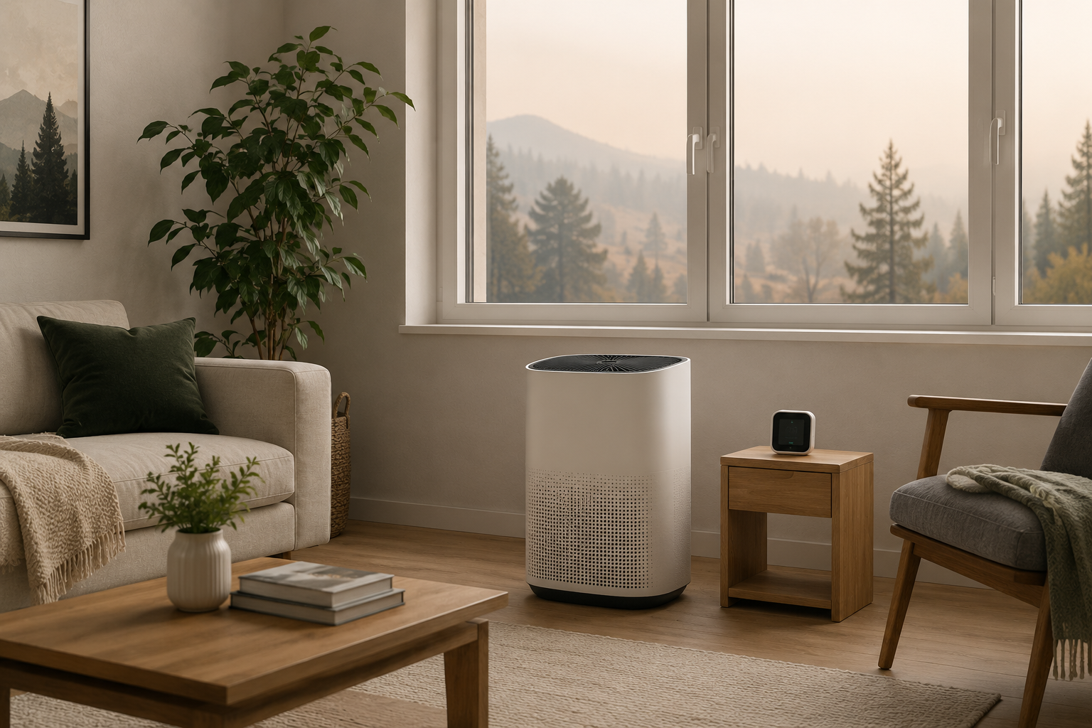 Illustration of a cleaner-air room with a portable air purifier