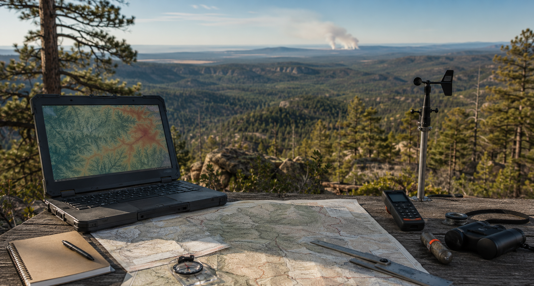 Illustration of wildfire analysis with maps and field instruments