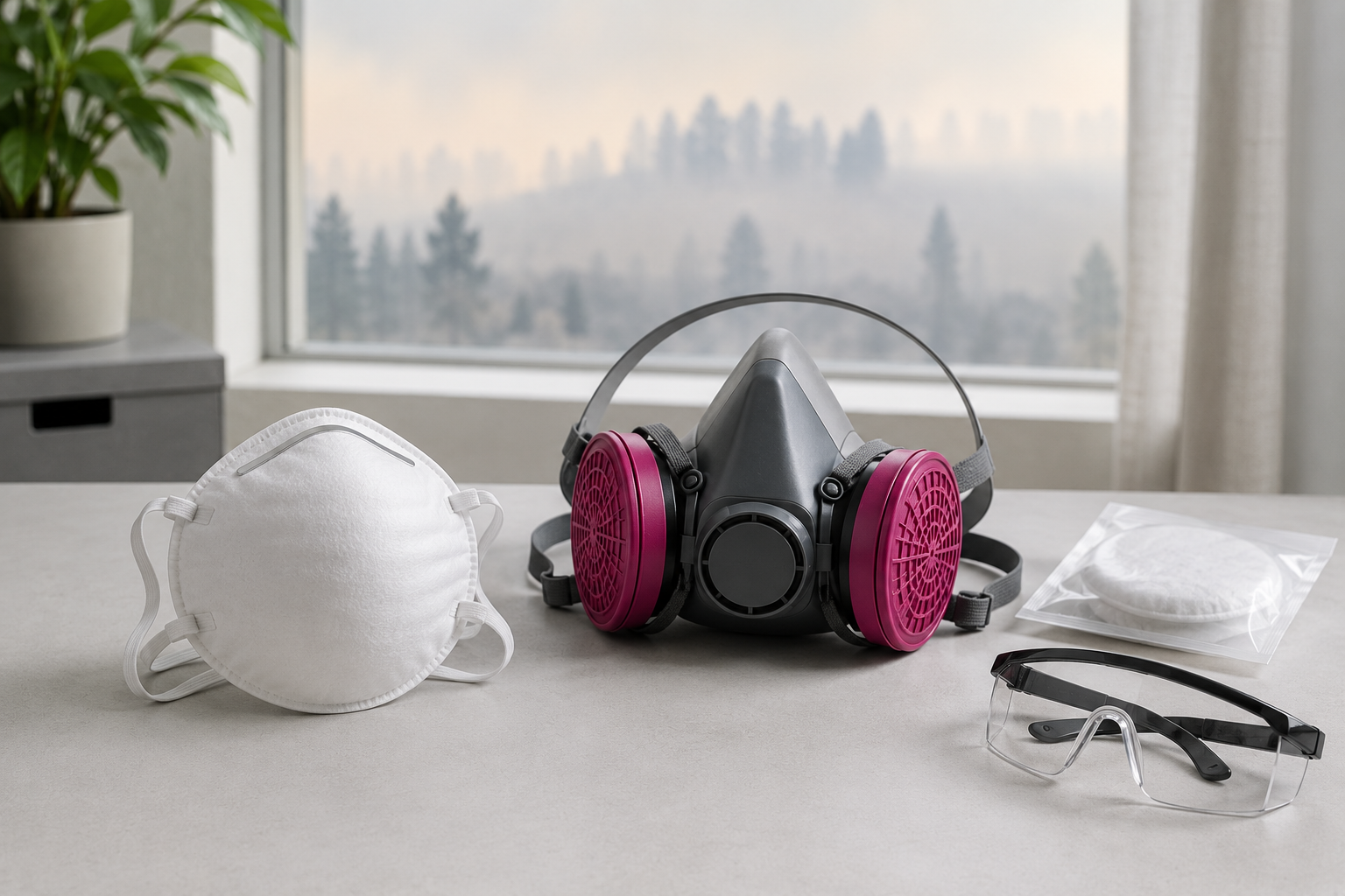 N95 filtering facepiece and reusable P100 respirator prepared for wildfire smoke