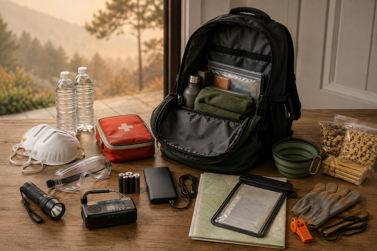 Illustration of a wildfire evacuation kit with communication and essential supplies