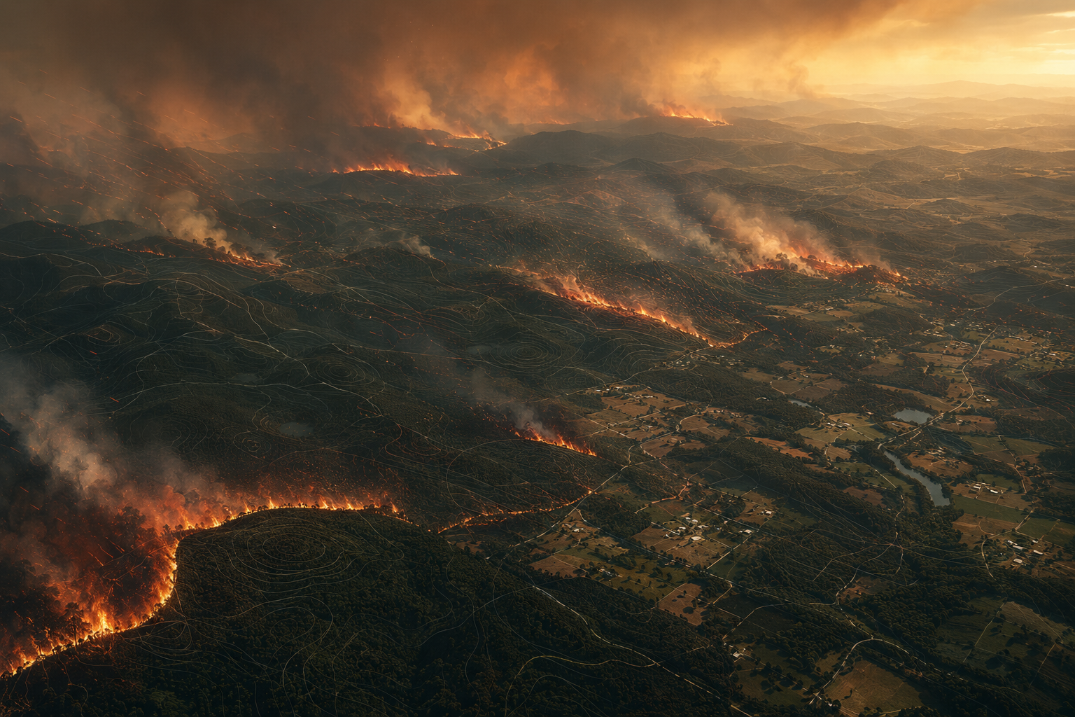 Editorial aerial visualization of multiple wildfire fronts moving through an Australian eucalyptus landscape