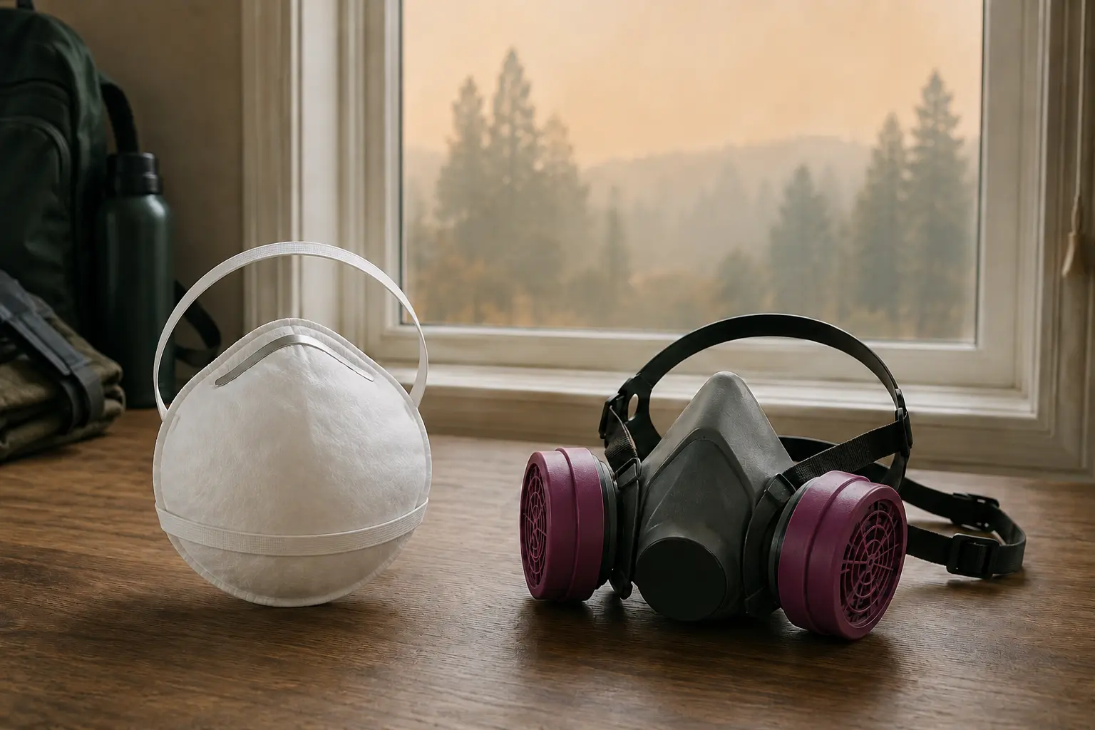 Disposable N95-style respirator and reusable P100 respirator prepared for wildfire-smoke protection