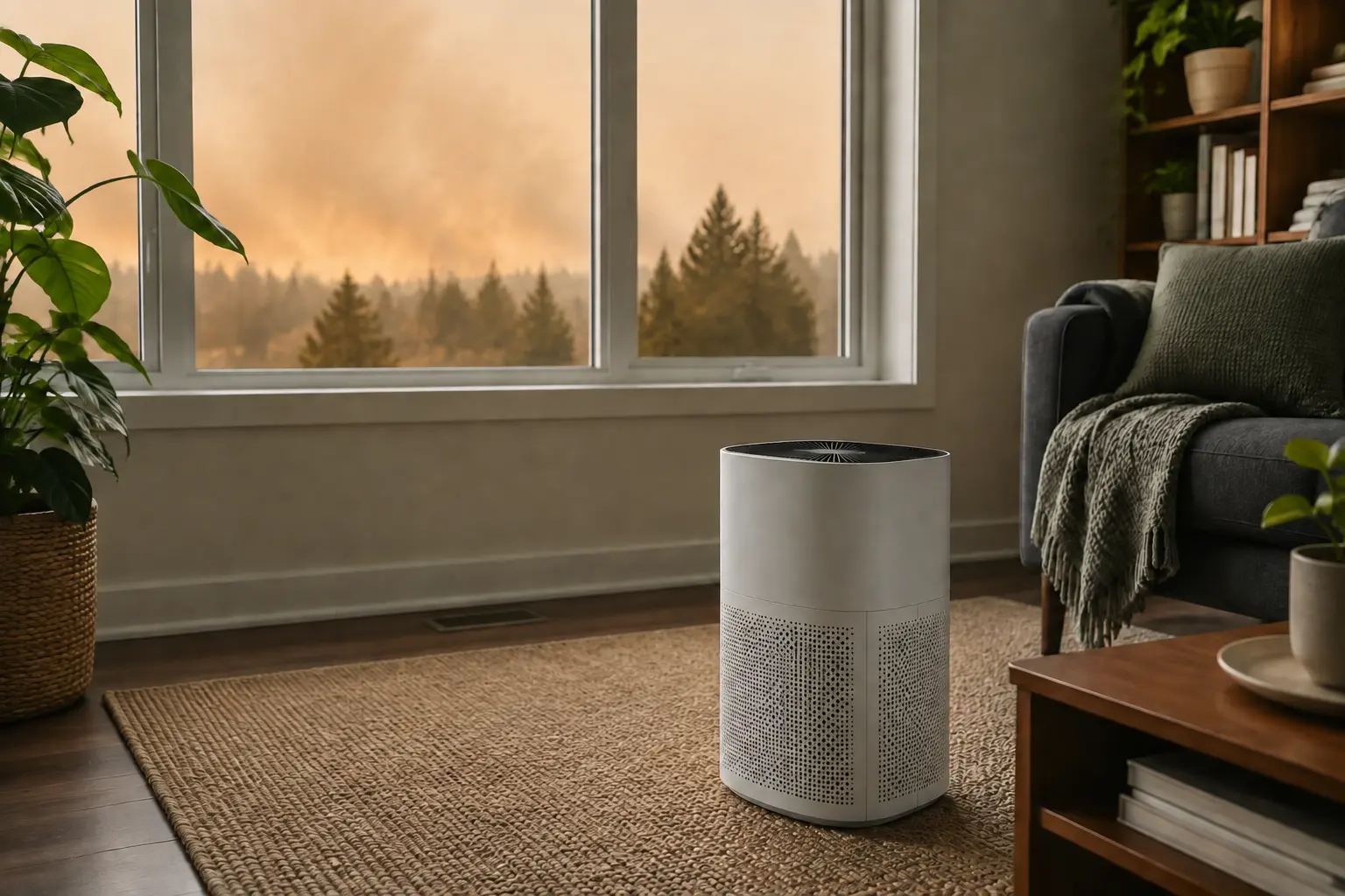 Portable air purifier operating in a cleaner-air room while wildfire smoke remains outside